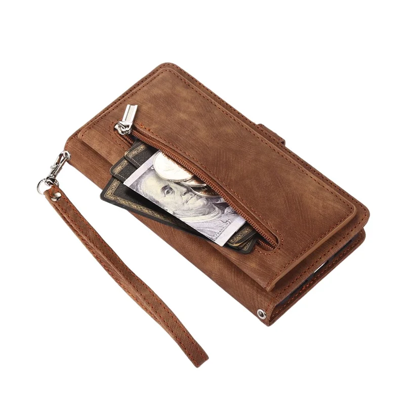 Per Xiaomi Redmi Note 14 Pro 4G Cover con Tasca con Cerniera 9 Slot per Carte in Pelle PU con Cinturino da Polso - Marrone