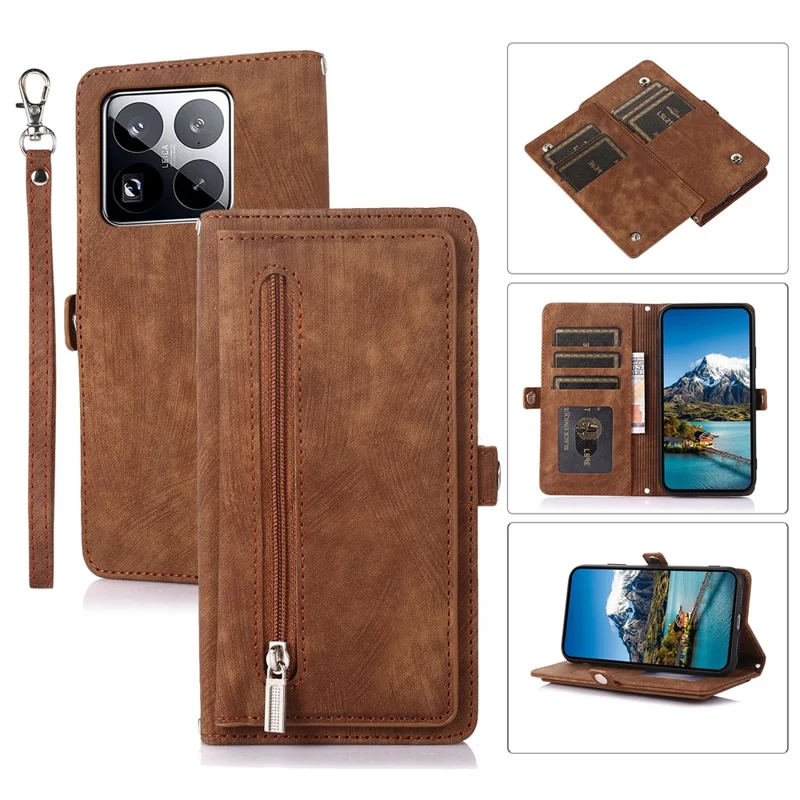Cover per Xiaomi 15 Pro con Tasca con Cerniera 9 Slot per Carte, in Pelle PU con Cinturino da Polso - Marrone