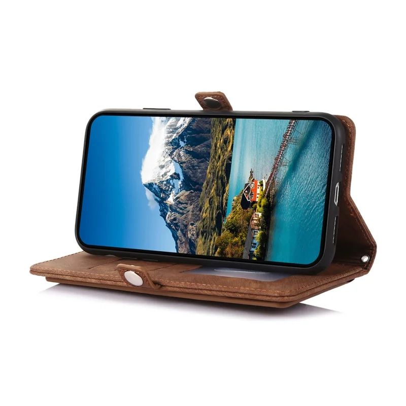 Cover per Xiaomi 15 Pro con Tasca con Cerniera 9 Slot per Carte, in Pelle PU con Cinturino da Polso - Marrone