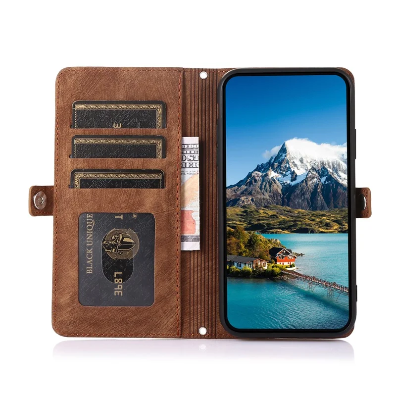 Cover per Xiaomi 15 Pro con Tasca con Cerniera 9 Slot per Carte, in Pelle PU con Cinturino da Polso - Marrone