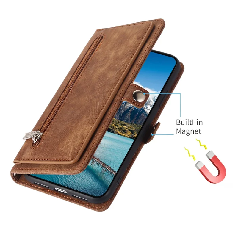 Cover per Xiaomi 15 Pro con Tasca con Cerniera 9 Slot per Carte, in Pelle PU con Cinturino da Polso - Marrone