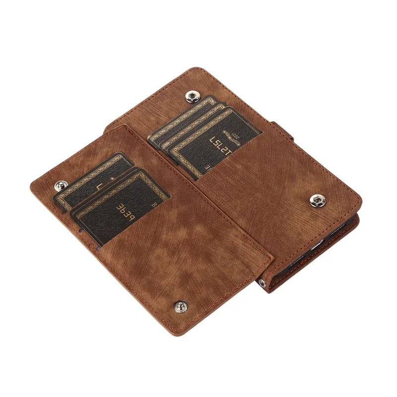 Cover per Xiaomi 15 Pro con Tasca con Cerniera 9 Slot per Carte, in Pelle PU con Cinturino da Polso - Marrone