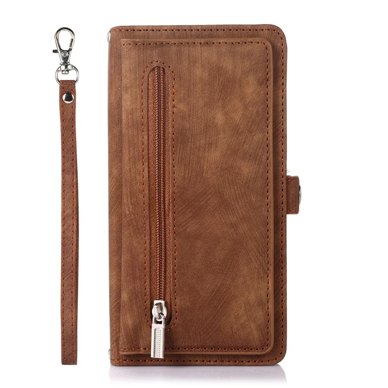 Cover per Xiaomi 15 Pro con Tasca con Cerniera 9 Slot per Carte, in Pelle PU con Cinturino da Polso - Marrone