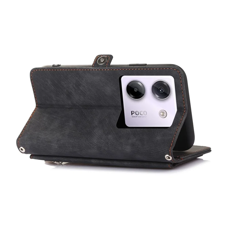 For Xiaomi Poco M7 Pro 5G Case Zipper Pocket 9 Card Slots PU Leather Phone Cover with Wrist Strap - Black