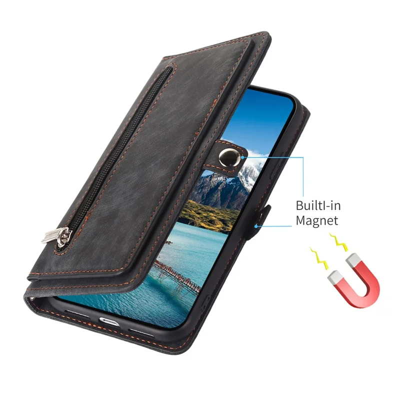 For Xiaomi Poco M7 Pro 5G Case Zipper Pocket 9 Card Slots PU Leather Phone Cover with Wrist Strap - Black