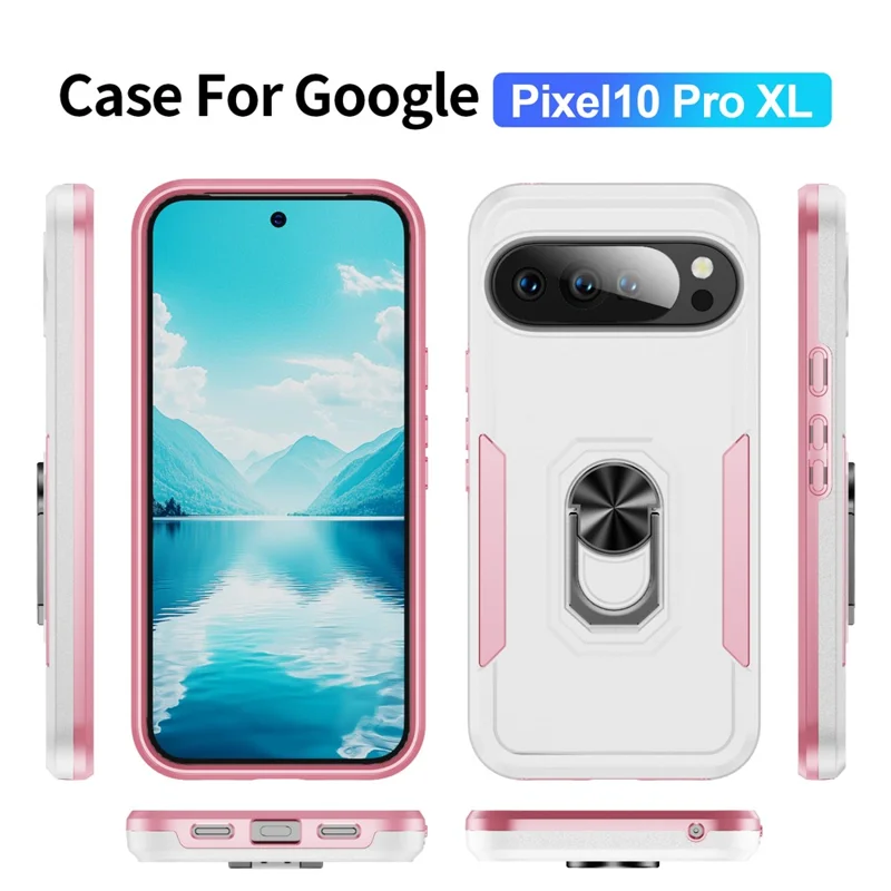 Per Google Pixel 10 Pro XL Custodia Grado Militare Anello Supporto PC + TPU Custodia per Telefono - Bianco + Rosa