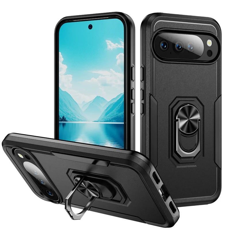 For Google Pixel 10 Pro XL Case Military Grade Ring Kickstand PC + TPU Phone Cover - Black