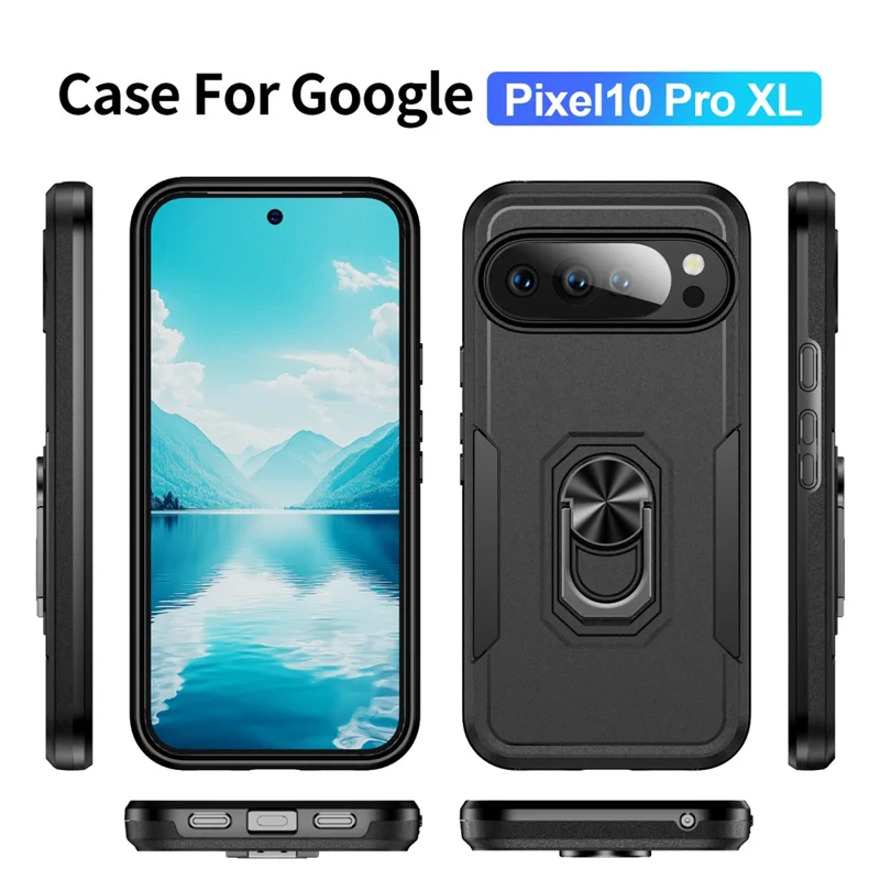 For Google Pixel 10 Pro XL Case Military Grade Ring Kickstand PC + TPU Phone Cover - Black