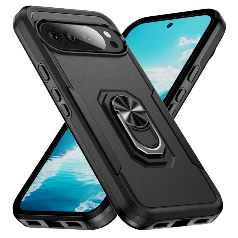For Google Pixel 10 Pro XL Case Military Grade Ring Kickstand PC + TPU Phone Cover - Black