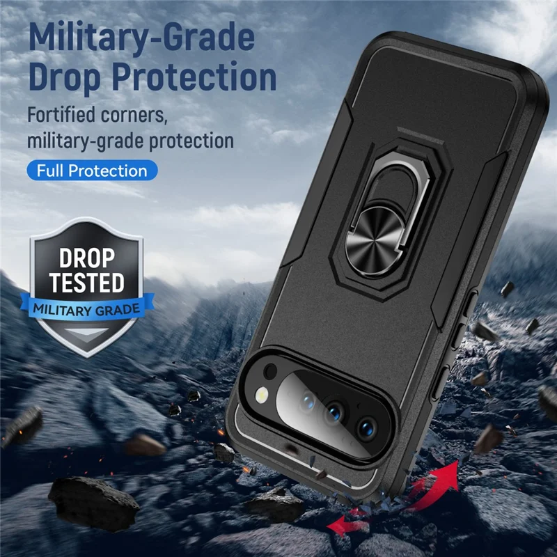 For Google Pixel 10 Pro XL Case Military Grade Ring Kickstand PC + TPU Phone Cover - Black