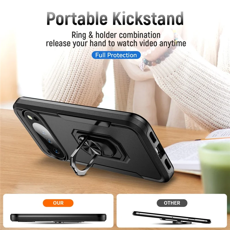 For Google Pixel 10 Pro XL Case Military Grade Ring Kickstand PC + TPU Phone Cover - Black