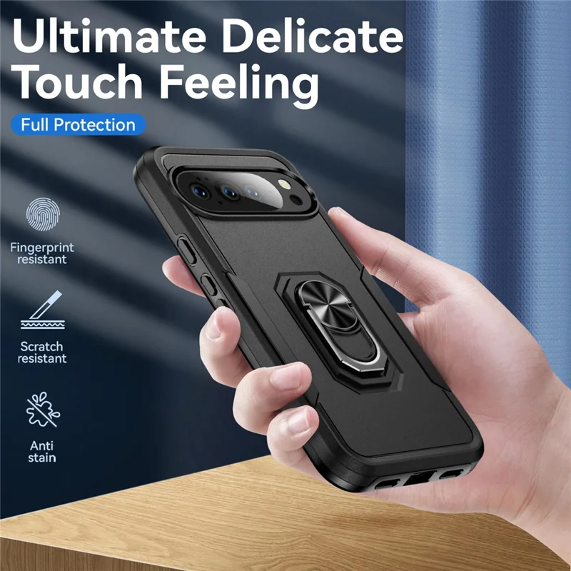 For Google Pixel 10 Pro XL Case Military Grade Ring Kickstand PC + TPU Phone Cover - Black