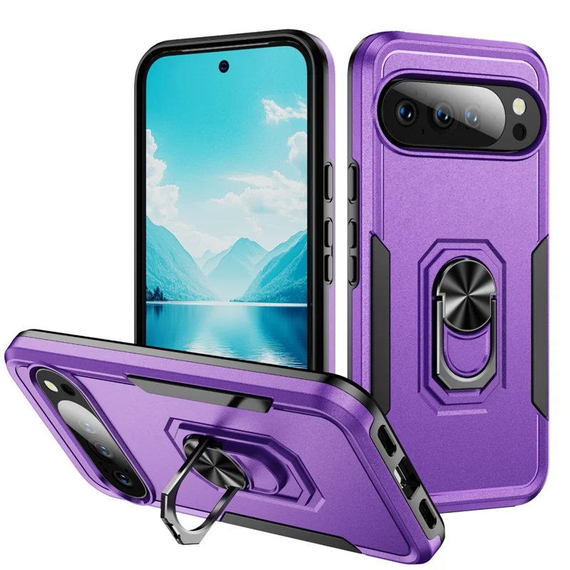 For Google Pixel 10 Pro XL Case Military Grade Ring Kickstand PC + TPU Phone Cover - Purple + Black