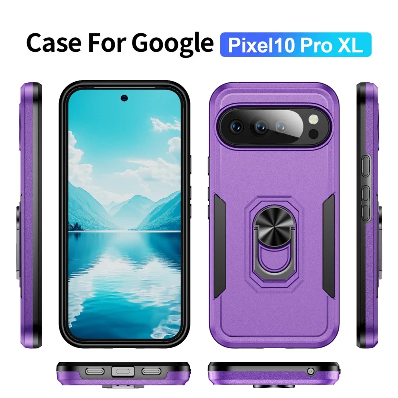 For Google Pixel 10 Pro XL Case Military Grade Ring Kickstand PC + TPU Phone Cover - Purple + Black
