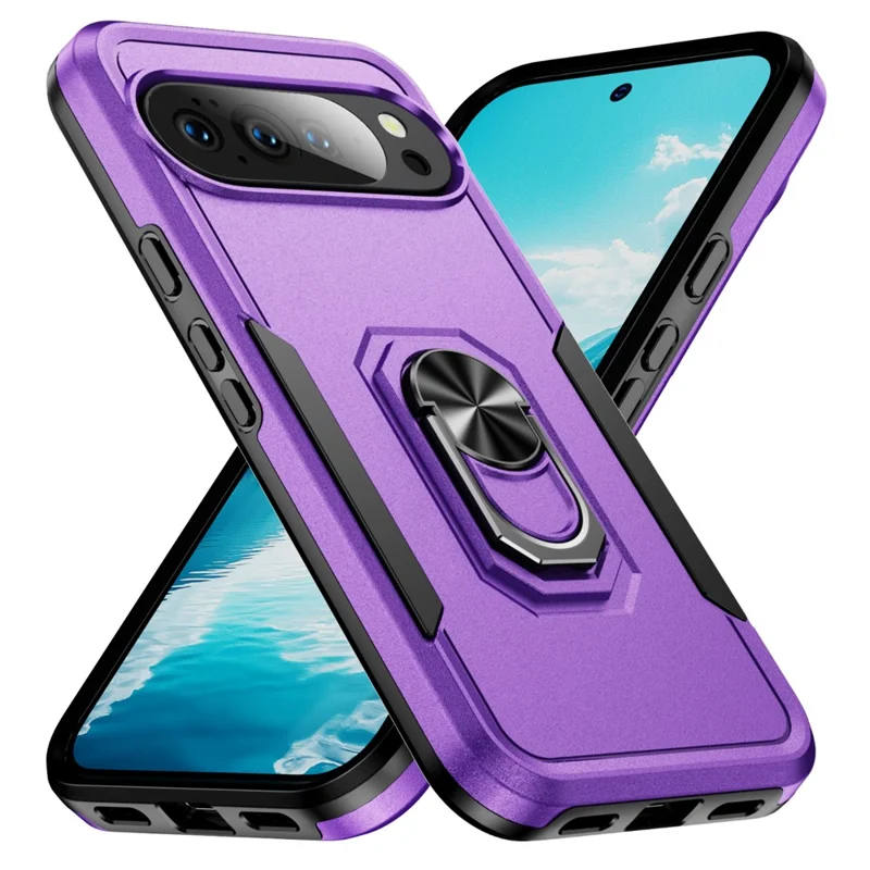 For Google Pixel 10 Pro XL Case Military Grade Ring Kickstand PC + TPU Phone Cover - Purple + Black