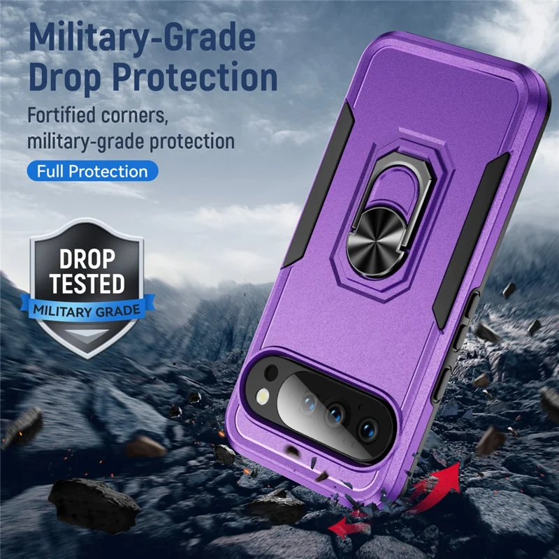 For Google Pixel 10 Pro XL Case Military Grade Ring Kickstand PC + TPU Phone Cover - Purple + Black