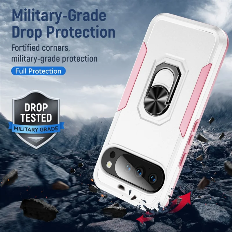For Google Pixel 10 / 10 Pro Case Military Grade Ring Kickstand PC + TPU Phone Cover - White + Pink
