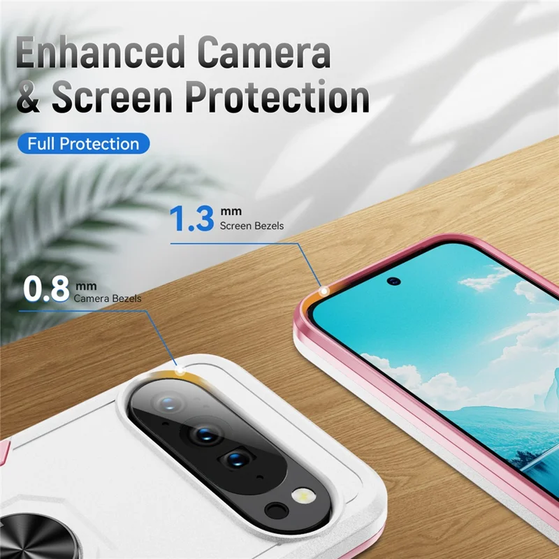 For Google Pixel 10 / 10 Pro Case Military Grade Ring Kickstand PC + TPU Phone Cover - White + Pink