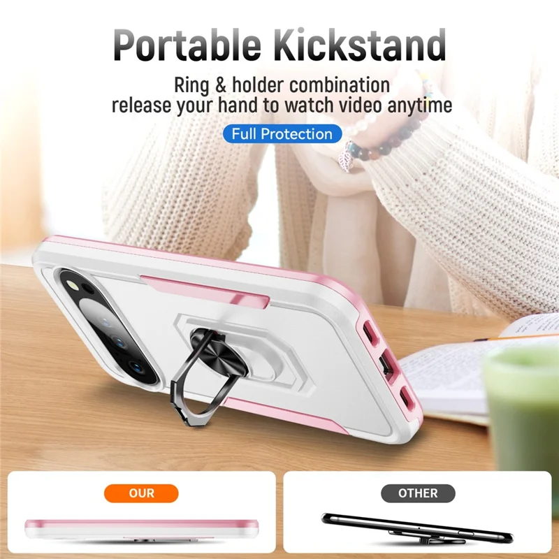 For Google Pixel 10 / 10 Pro Case Military Grade Ring Kickstand PC + TPU Phone Cover - White + Pink