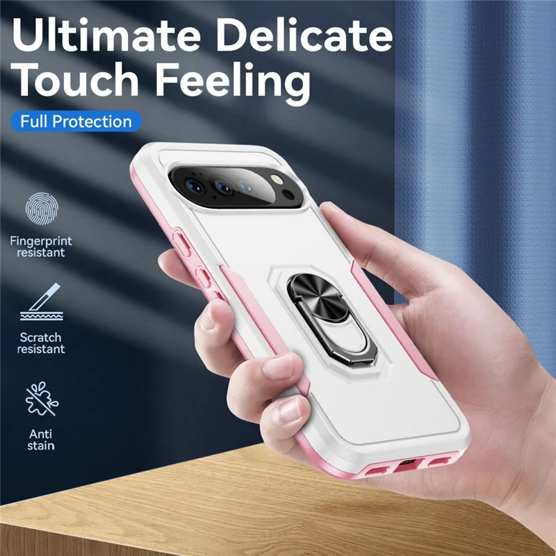 For Google Pixel 10 / 10 Pro Case Military Grade Ring Kickstand PC + TPU Phone Cover - White + Pink