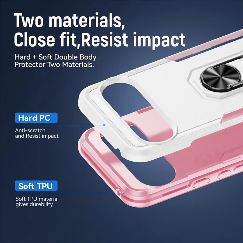 For Google Pixel 10 / 10 Pro Case Military Grade Ring Kickstand PC + TPU Phone Cover - White + Pink