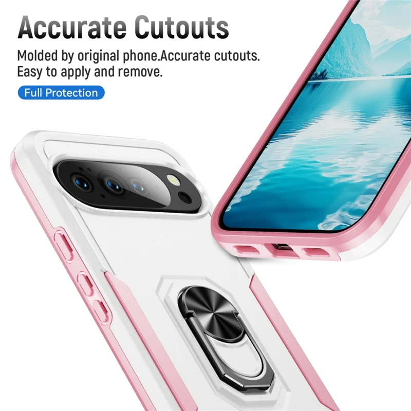 For Google Pixel 10 / 10 Pro Case Military Grade Ring Kickstand PC + TPU Phone Cover - White + Pink