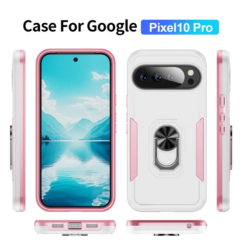 For Google Pixel 10 / 10 Pro Case Military Grade Ring Kickstand PC + TPU Phone Cover - White + Pink