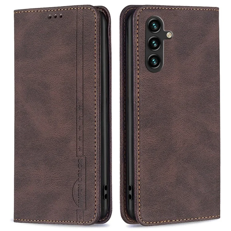 BINFEN COLOR For Samsung Galaxy A14 5G / A14 4G Leather Case Mobile Cover Stand with RFID Blocking Card Holder - Brown