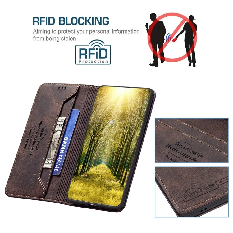BINFEN COLOR For Samsung Galaxy A14 5G / A14 4G Leather Case Mobile Cover Stand with RFID Blocking Card Holder - Brown