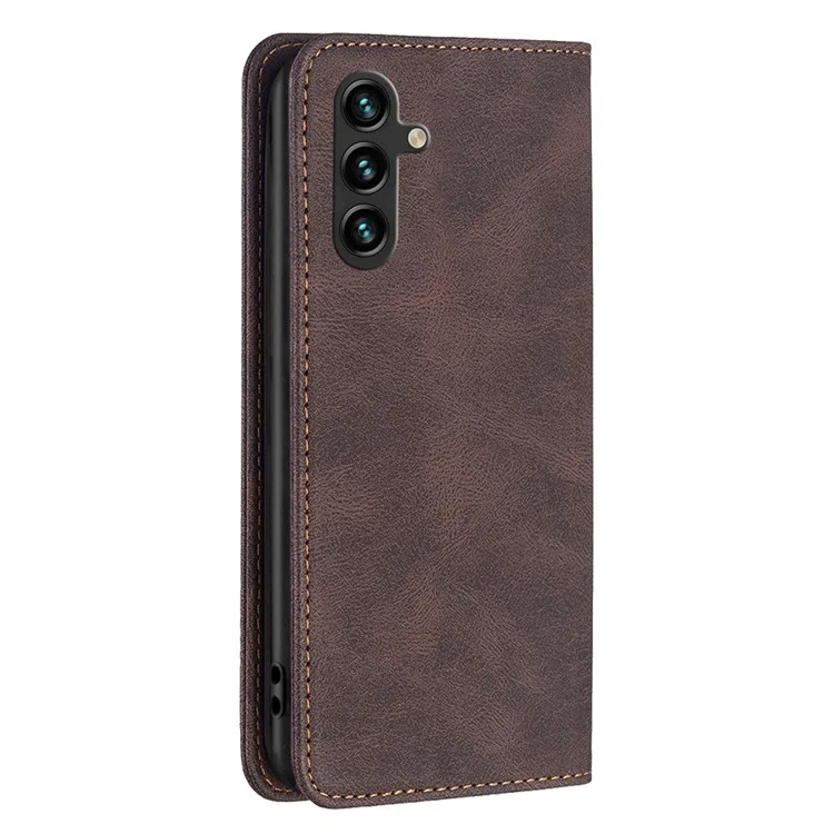 BINFEN COLOR For Samsung Galaxy A14 5G / A14 4G Leather Case Mobile Cover Stand with RFID Blocking Card Holder - Brown