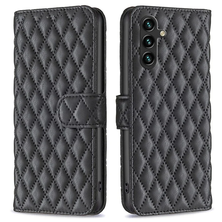BINFEN COLOR BF Stile-14 per Samsung Galaxy A14 5G / A14 4G Custodia Wallet Phone Modello Rombo in Pelle PU Flip Stand Cover - Nero