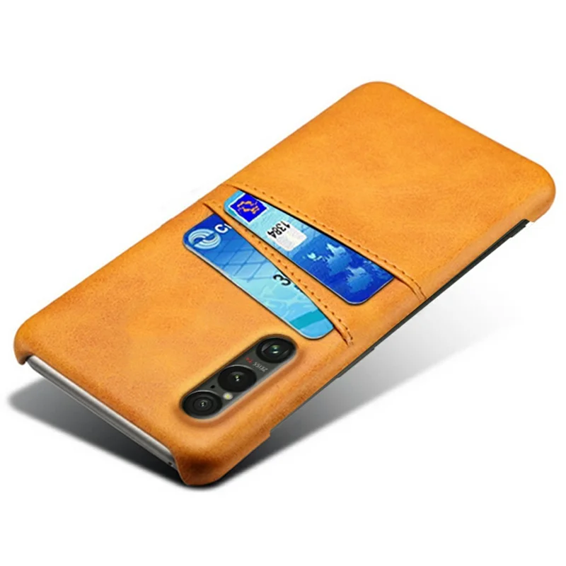 Capa para Sony Xperia 1 VII com Dois Compartimentos para Cartões em Couro PU + Capa Rígida de PC para Celular - Laranja