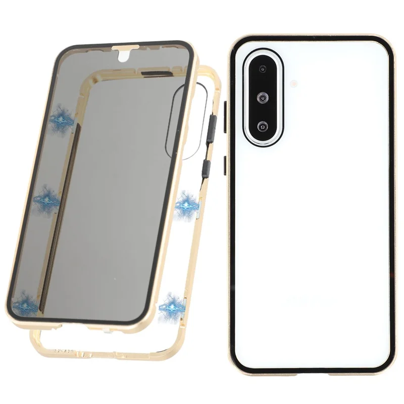 For Samsung Galaxy A56 5G Double-Sided Tempered Glass Phone Cover with Anti-Spy Screen Protector Magnetic Adsorption Metal Frame - Gold