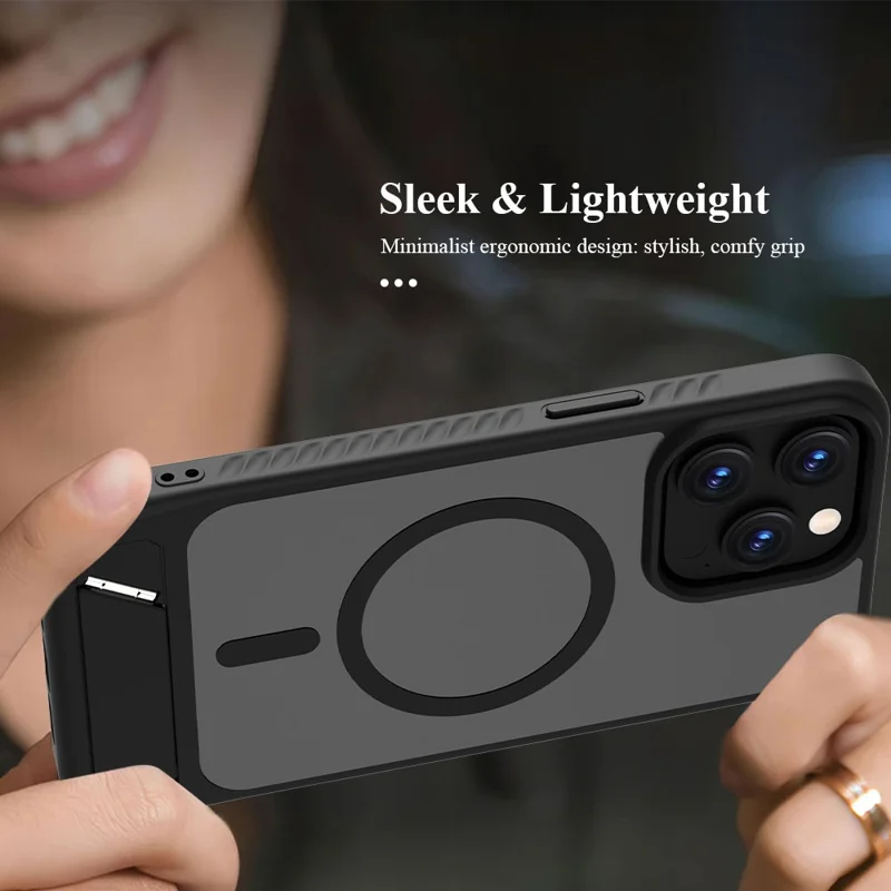 LEREACH Le-Chic Series For iPhone 15 Pro Max Case Compatible with MagSafe Kickstand TPU + PC Phone Cover - Black