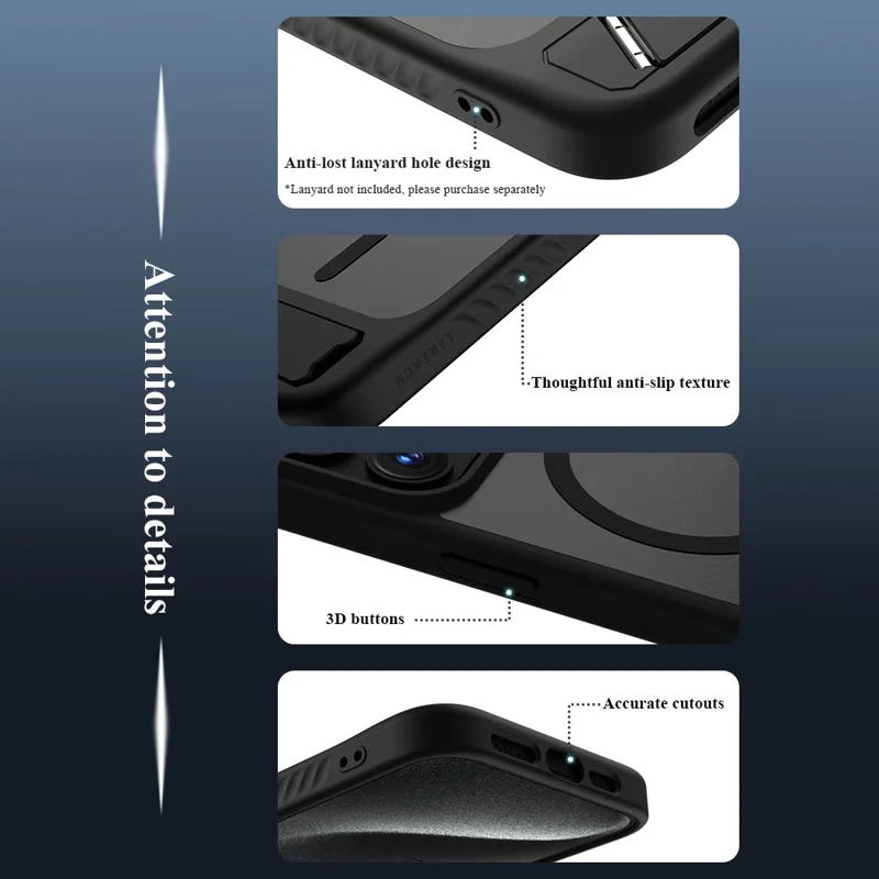 LEREACH Le-Chic Series For iPhone 15 Pro Max Case Compatible with MagSafe Kickstand TPU + PC Phone Cover - Black