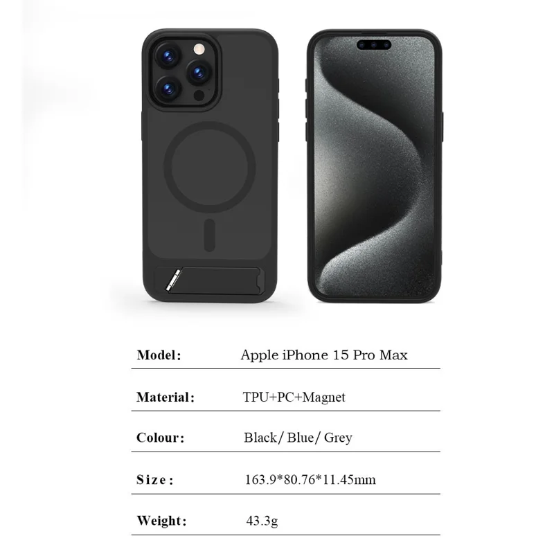 LEREACH Le-Chic Series For iPhone 15 Pro Max Case Compatible with MagSafe Kickstand TPU + PC Phone Cover - Black