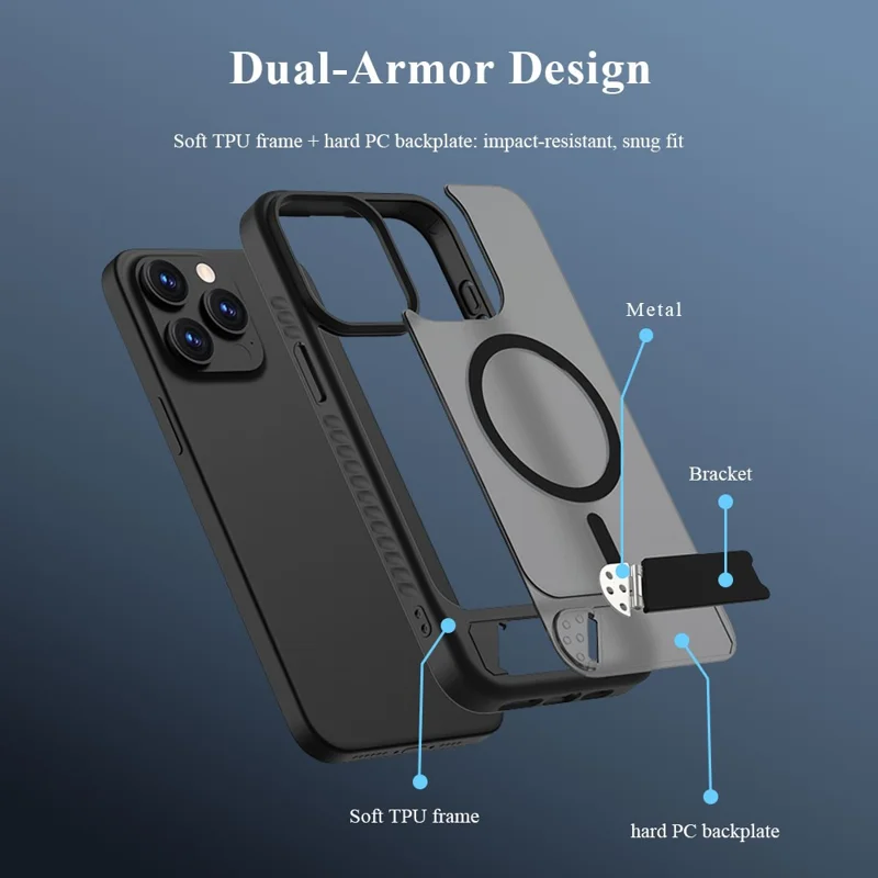 LEREACH Le-Chic Series For iPhone 15 Pro Max Case Compatible with MagSafe Kickstand TPU + PC Phone Cover - Black