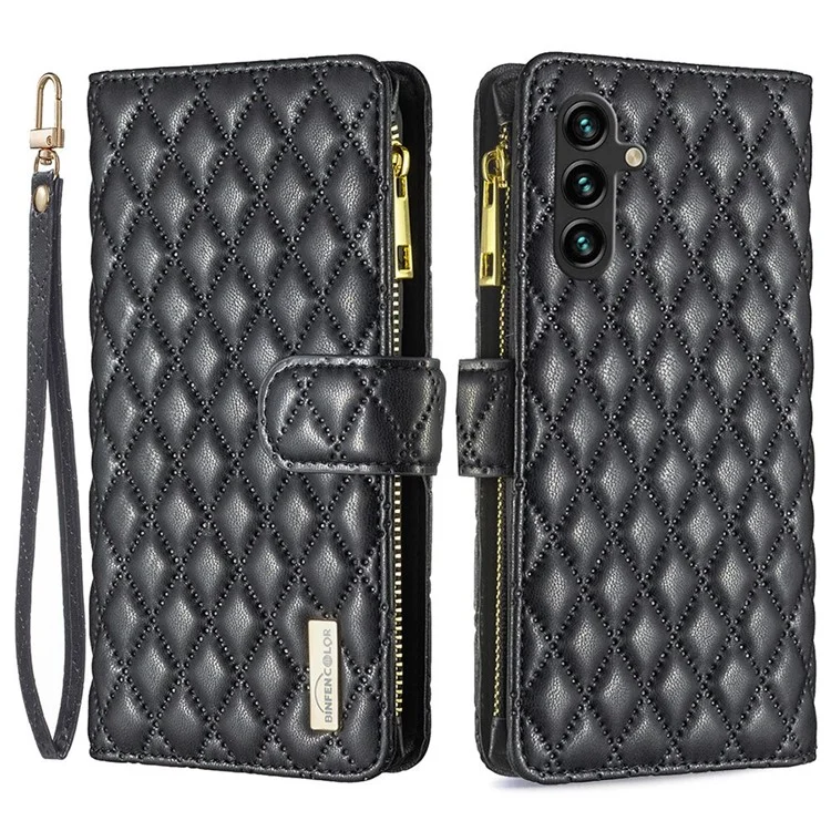 BINFEN COLOR BF Style-15 per Samsung Galaxy A14 5G / A14 4G Custodia in pelle PU Wallet Case con motivo a rombi impresso Custodia per telefono con tracolla - Nero