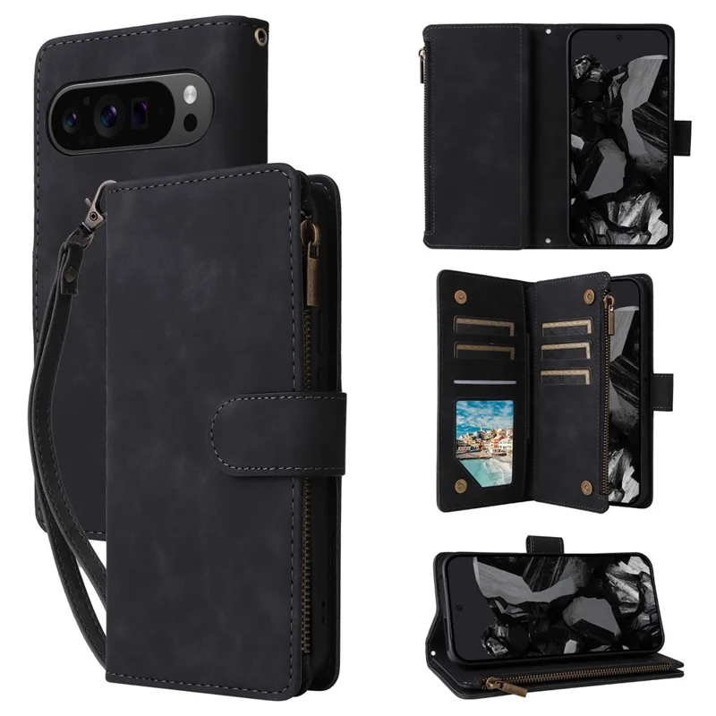 For Google Pixel 10 Pro XL / 9 Pro XL Case Zipper Wallet Multiple Card Slots Leather Phone Cover with Wrist Strap - Black