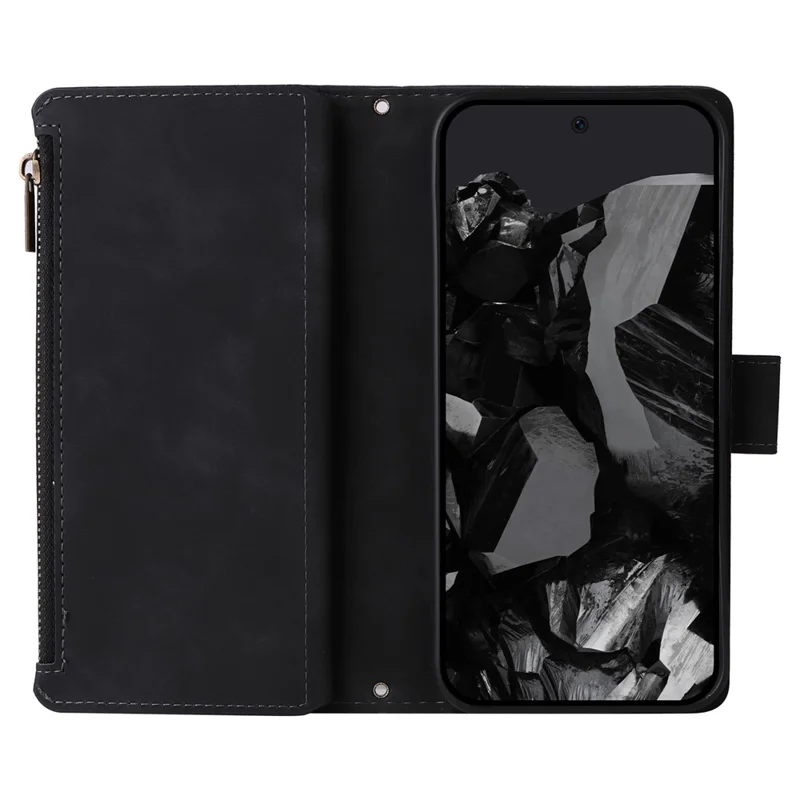 For Google Pixel 10 Pro XL / 9 Pro XL Case Zipper Wallet Multiple Card Slots Leather Phone Cover with Wrist Strap - Black