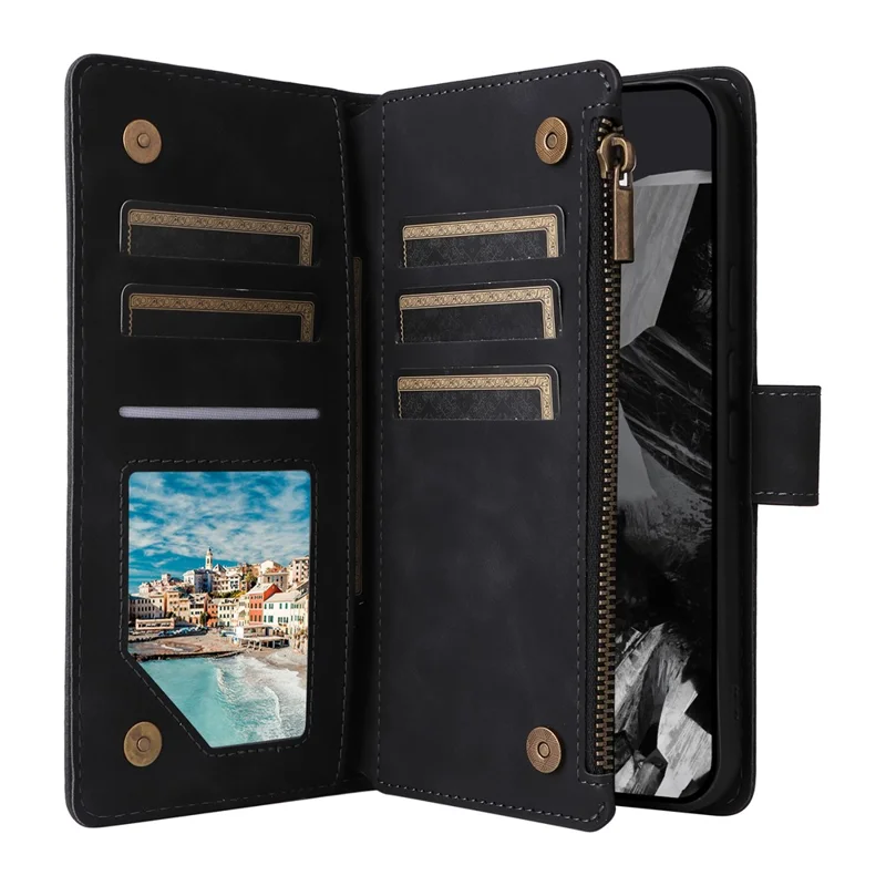 For Google Pixel 10 Pro XL / 9 Pro XL Case Zipper Wallet Multiple Card Slots Leather Phone Cover with Wrist Strap - Black