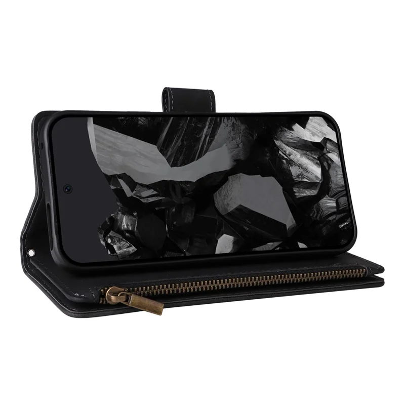 For Google Pixel 10 Pro XL / 9 Pro XL Case Zipper Wallet Multiple Card Slots Leather Phone Cover with Wrist Strap - Black