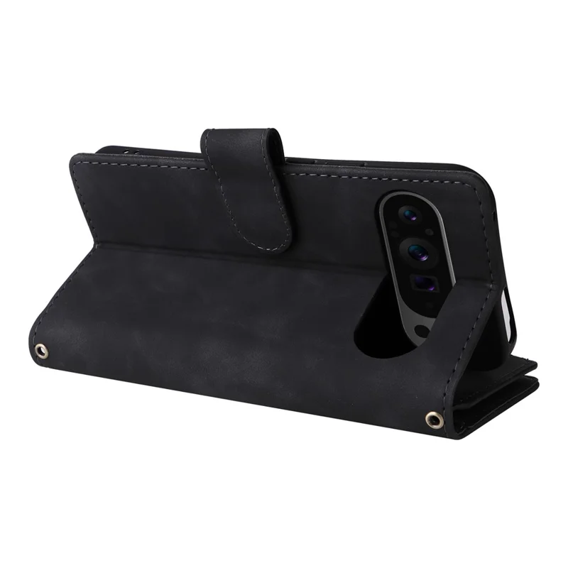 For Google Pixel 10 Pro XL / 9 Pro XL Case Zipper Wallet Multiple Card Slots Leather Phone Cover with Wrist Strap - Black