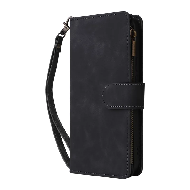 For Google Pixel 10 Pro XL / 9 Pro XL Case Zipper Wallet Multiple Card Slots Leather Phone Cover with Wrist Strap - Black