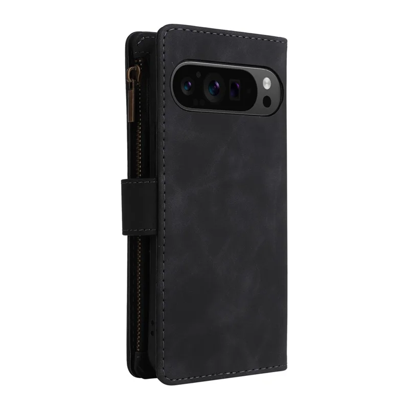 For Google Pixel 10 Pro XL / 9 Pro XL Case Zipper Wallet Multiple Card Slots Leather Phone Cover with Wrist Strap - Black