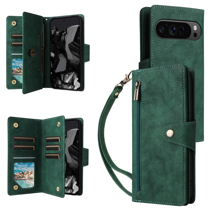 For Google Pixel 10 Pro XL / 9 Pro XL Case Zipper Wallet Rivet Decor Leather Phone Cover with Wrist Strap - Green