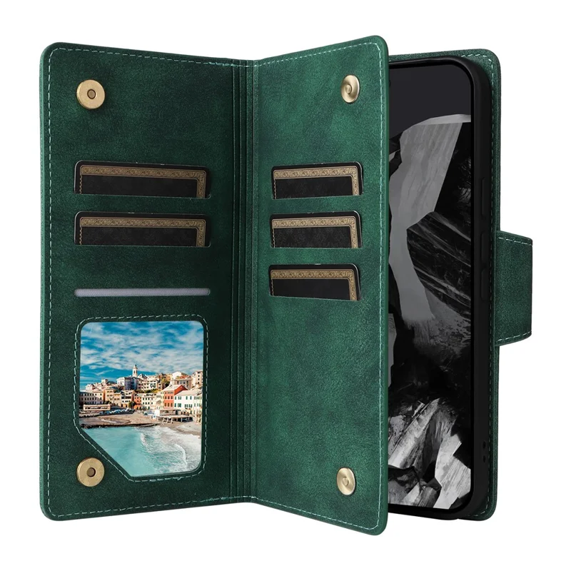 For Google Pixel 10 Pro XL / 9 Pro XL Case Zipper Wallet Rivet Decor Leather Phone Cover with Wrist Strap - Green