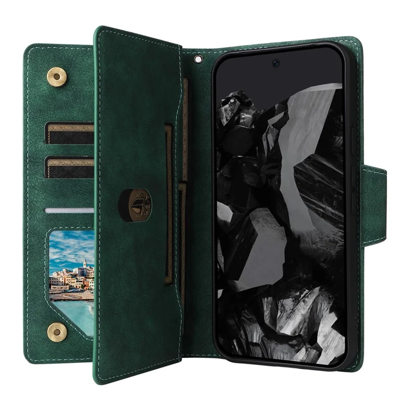 For Google Pixel 10 Pro XL / 9 Pro XL Case Zipper Wallet Rivet Decor Leather Phone Cover with Wrist Strap - Green