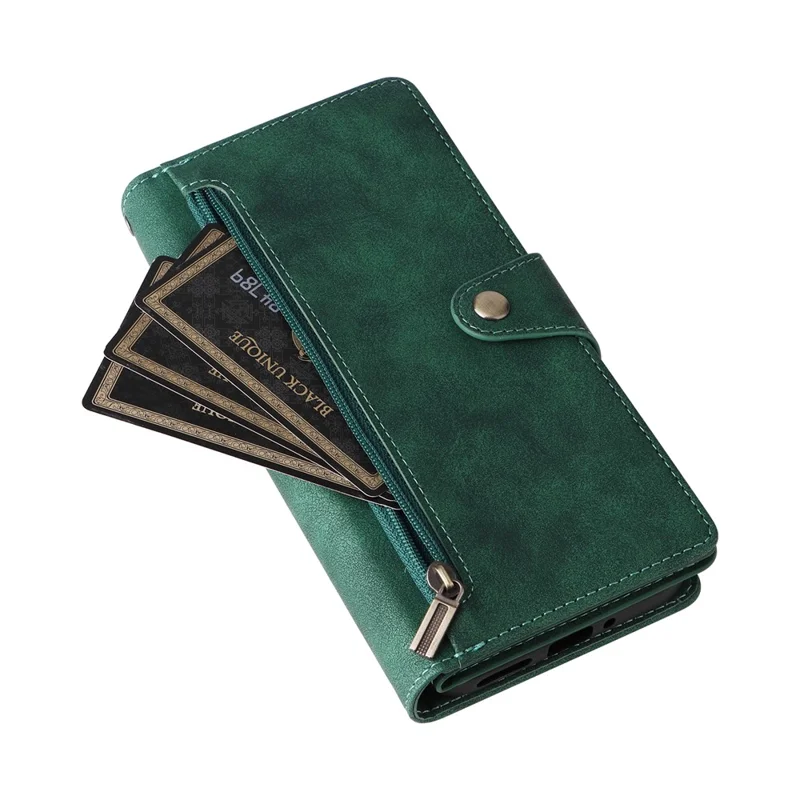 For Google Pixel 10 Pro XL / 9 Pro XL Case Zipper Wallet Rivet Decor Leather Phone Cover with Wrist Strap - Green