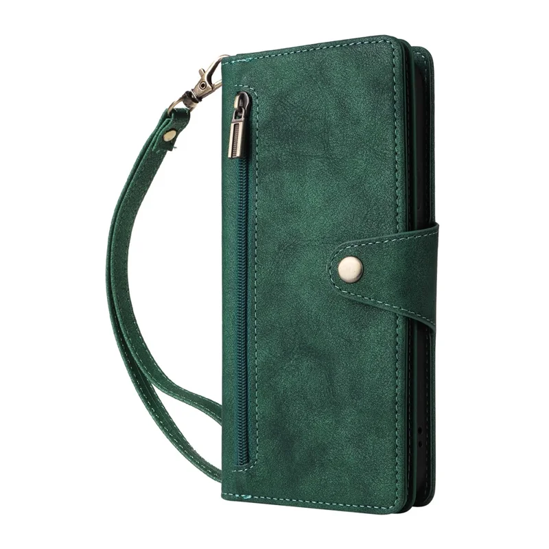 For Google Pixel 10 Pro XL / 9 Pro XL Case Zipper Wallet Rivet Decor Leather Phone Cover with Wrist Strap - Green